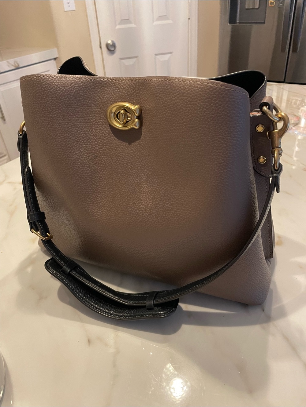 Coach Taupe Shoulder Bag with Black Strap and Gold Hardware